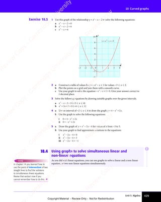 Unit 5: Algebra 429
18 Curved graphs
Exercise 18.5 1 Use this graph of the relationship y = x2
− x − 2 to solve the following equations:
a x x
2
2 0
− −
x x
− −
x x 2 0
2 0
b x x
2
2 6
− −
x x
− −
x x 2 6
2 6
c x x
2
6
− =
x x
− =
x x
–3 –2 –1 1 2 3 4
–2
–4
0
2
4
6
8
10
x
y
y x x
= − −
2
2
2 a Construct a table of values for y = −x2
− x + 1 for values −3  x  2.
b Plot the points on a grid and join them with a smooth curve.
c Use your graph to solve the equation − − + =
x x
− −
x x
− −
2
1 0
+ =
1 0
+ = . Give your answer correct to
1 decimal place.
3 Solve the following equations by drawing suitable graphs over the given intervals.
a x x
2
3 0
− −
x x
− −
x x 3 0
3 0 (−3  x  4)
b x x
2
3 1
x x
3 1
x x 0
+ +
x x
+ +
x x
3 1
+ +
3 1
x x
3 1
x x
+ +
3 1= (−4  x  1)
4 a Use an interval of −2  x  4 to draw the graph y x x
y x
= −
y x
4 2
y x
4 2
y x
y x
= −
y x
4 2
y x
= − +
4 2
2
4 2
4 2 .
b Use the graph to solve the following equations:
i 0 4 2
2
= −
0 4
= −
0 4 +
x x
2
x x
+
x x
ii 0 2
2
0 2
0 2
0 2
= −
0 2
0 2
0 2
x x
0 2
x x
0 2
0 2
0 2
x x
5 a Draw the graph of y x x
= − −
y x
= − −
y x2
2 4
x
2 4
= − −
2 4
= − −
x
= − −
2 4
= − − for values of x from −3 to 5.
b Use your graph to find approximate solutions to the equations:
i x x
2
2 4
x x
2 4
x x 0
x x
− −
x x
2 4
− −
2 4
x x
2 4
x x
− −
2 4 =
ii x x
2
2 4
x x
2 4
x x 3
x x
− −
x x
2 4
− −
2 4
x x
2 4
x x
− −
2 4 =
iii x x
2
2 4
x x
2 4
x x 1
x x
− −
x x
2 4
− −
2 4
x x
2 4
x x
− −
2 4 = −
18.4 Using graphs to solve simultaneous linear and
non-linear equations
As you did with linear equations, you can use graphs to solve a linear and a non-linear
equation, or two non-linear equations simultaneously.
In chapter 14 you learned how to
use the point of intersection of two
straight lines to ﬁnd the solutions
to simultaneous linear equations.
Revise that section now if you
cannot remember how to do this. 
REWIND
E
e
s
s
-
R
e
v
i
e
w
C
o
p
y
-
C
a
m
b
r
i
d
g
e
U
n
i
v
e
r
s
i
t
y
P
r
e
s
s
-
R
e
v
i
e
w
C
o
p
y
R
e
v
i
e
w
C
o
p
y
-
C
a
m
b
r
i
d
g
e
U
n
i
v
e
r
s
i
t
y
P
r
e
s
s
-
R
e
v
i
e
w
C
o
p
y
R
e
v
i
e
w
C
o
p
y
-
C
a
m
b
r
i
d
g
e
U
n
i
v
e
r
s
i
t
y
P
r
e
s
s
-
R
e
v
i
e
w
C
o
p
y
R
e
v
i
e
w
C
o
p
y
-
C
a
m
b
r
i
d
g
e
U
n
i
v
e
r
s
i
t
y
Copyright Material - Review Only - Not for Redistribution
 