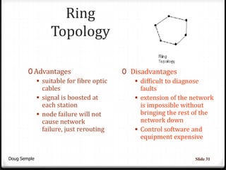Ring
                Topology

        0 Advantages                    0 Disadvantages
            suitable for fibre optic       difficult to diagnose
             cables                          faults
            signal is boosted at           extension of the network
             each station                    is impossible without
            node failure will not           bringing the rest of the
             cause network                   network down
             failure, just rerouting        Control software and
                                             equipment expensive


Doug Semple                                                    Slide 31
 
