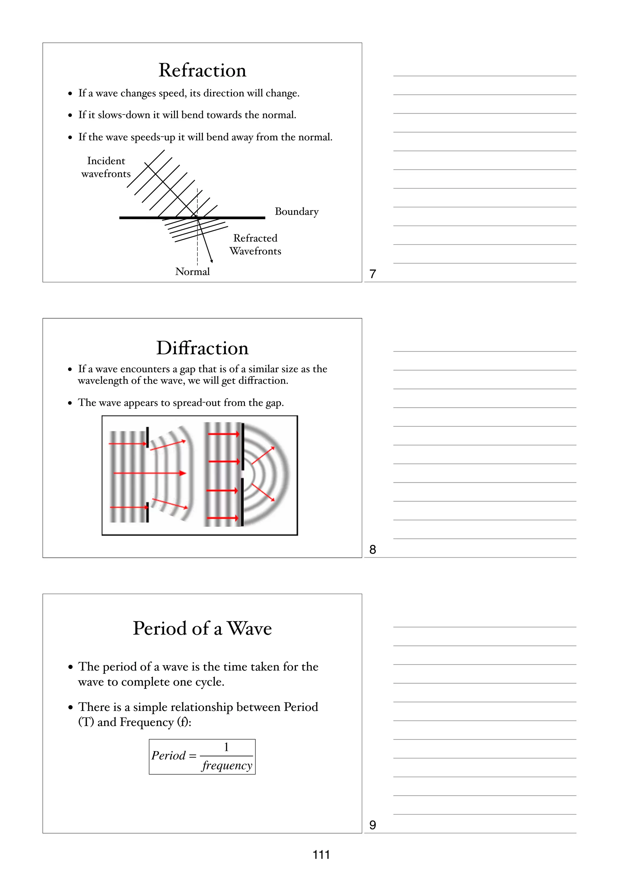 Refraction
•

If a wave changes speed, its direction will change.

•

If it slows-down it will bend towards the normal.

•

If the wave speeds-up it will bend away from the normal.
Incident
wavefronts

Boundary
Refracted
Wavefronts
Normal

7

Diﬀraction
•

If a wave encounters a gap that is of a similar size as the
wavelength of the wave, we will get diﬀraction.

•

The wave appears to spread-out from the gap.

8

Period of a Wave
• The period of a wave is the time taken for the
wave to complete one cycle.

• There is a simple relationship between Period
(T) and Frequency (f):

Period =

1
frequency

9
111

 