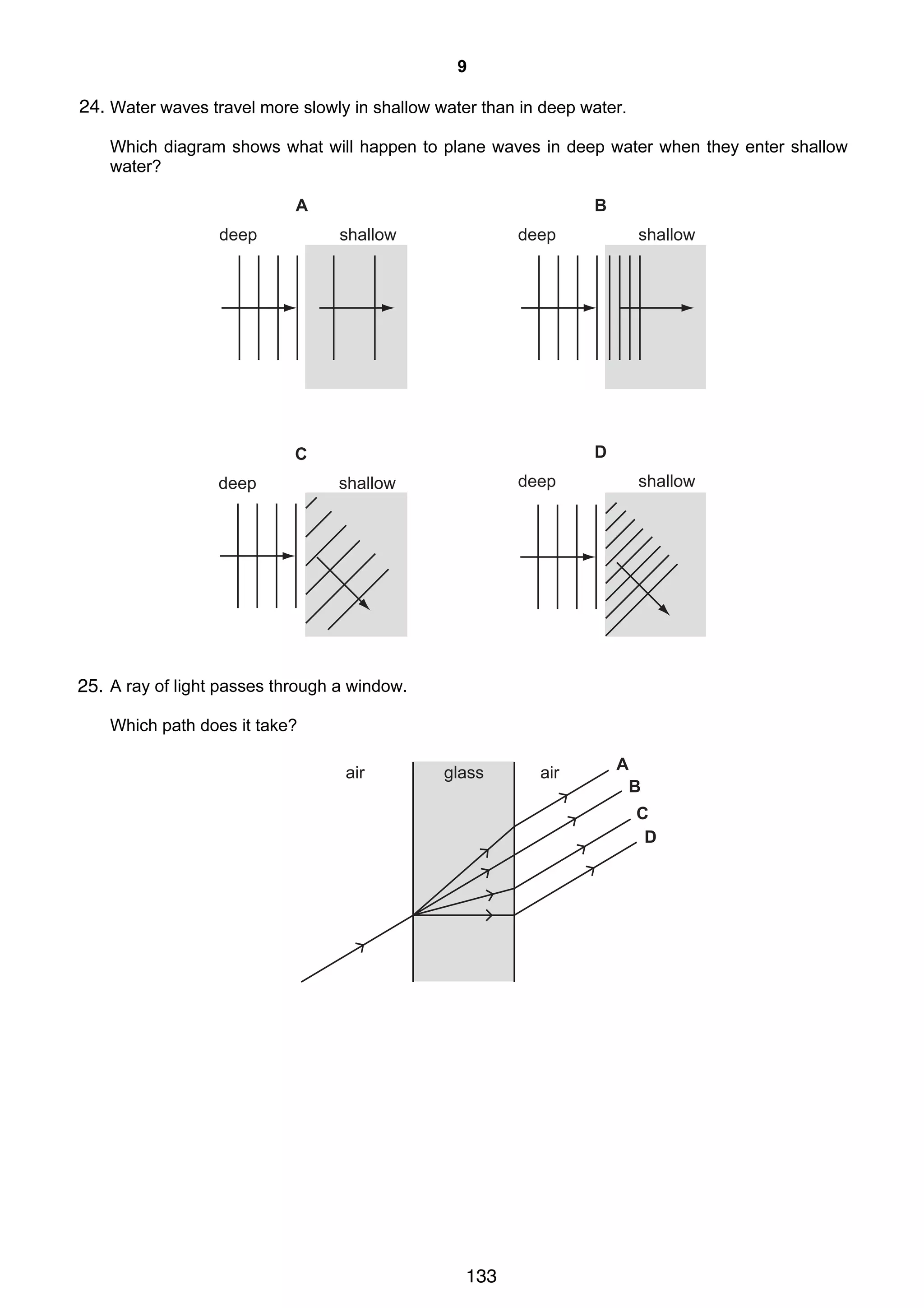 9

24.
21 Water waves travel more slowly in shallow water than in deep water.
Which diagram shows what will happen to plane waves in deep water when they enter shallow
water?

A
deep

B
shallow

deep

D

C
deep

shallow

deep

shallow

shallow

22 A ray of light passes through a window.
25.
Which path does it take?
air

glass

air

A
B
C
D

© UCLES 2006

0625/01/M/J/06

133

[Turn over

 