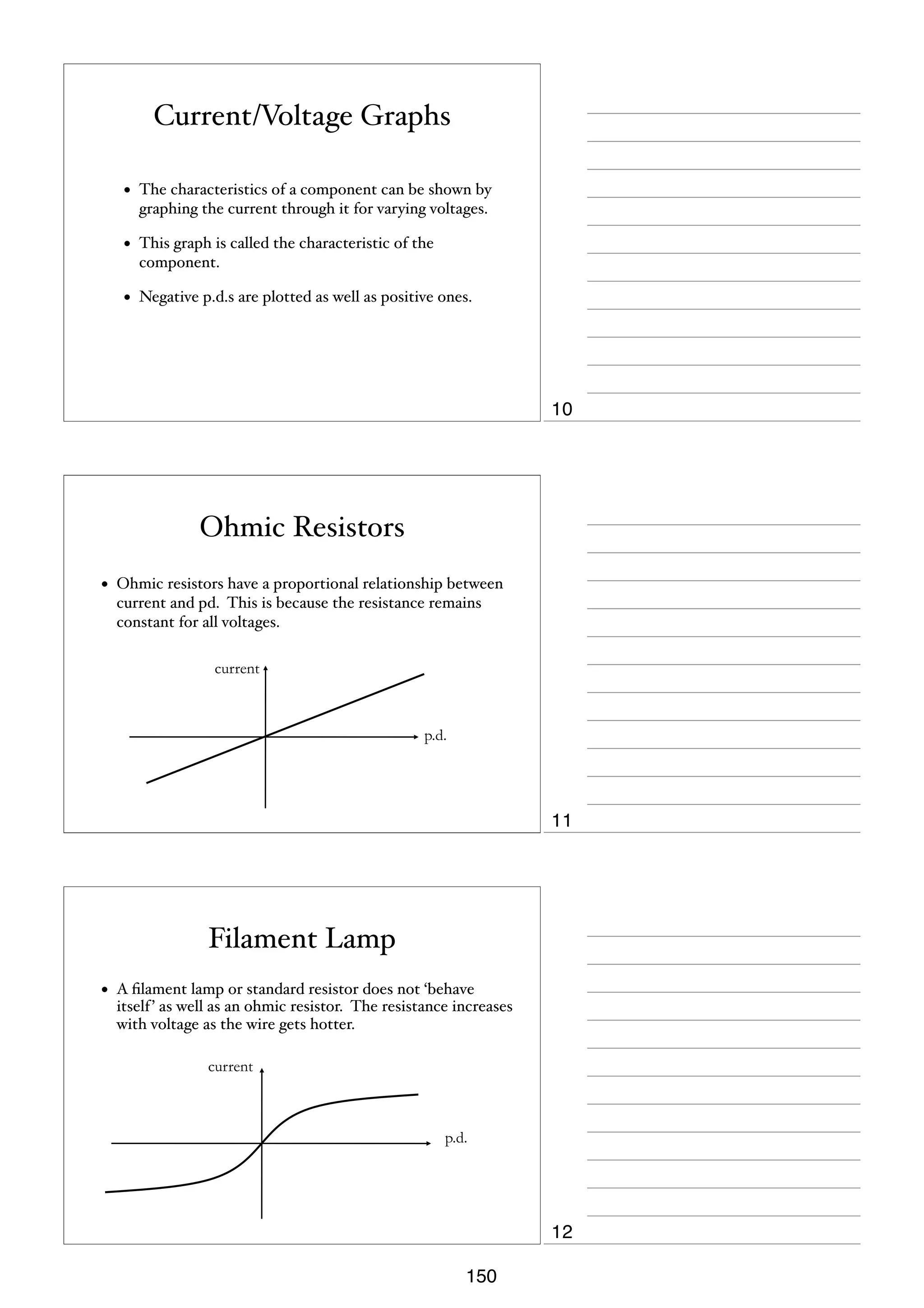 Current/Voltage Graphs
•

The characteristics of a component can be shown by
graphing the current through it for varying voltages.

•

This graph is called the characteristic of the
component.

•

Negative p.d.s are plotted as well as positive ones.

10

Ohmic Resistors
•

Ohmic resistors have a proportional relationship between
current and pd. This is because the resistance remains
constant for all voltages.
current

p.d.

11

Filament Lamp
•

A ﬁlament lamp or standard resistor does not ‘behave
itself ’ as well as an ohmic resistor. The resistance increases
with voltage as the wire gets hotter.
current

p.d.

12
150

 