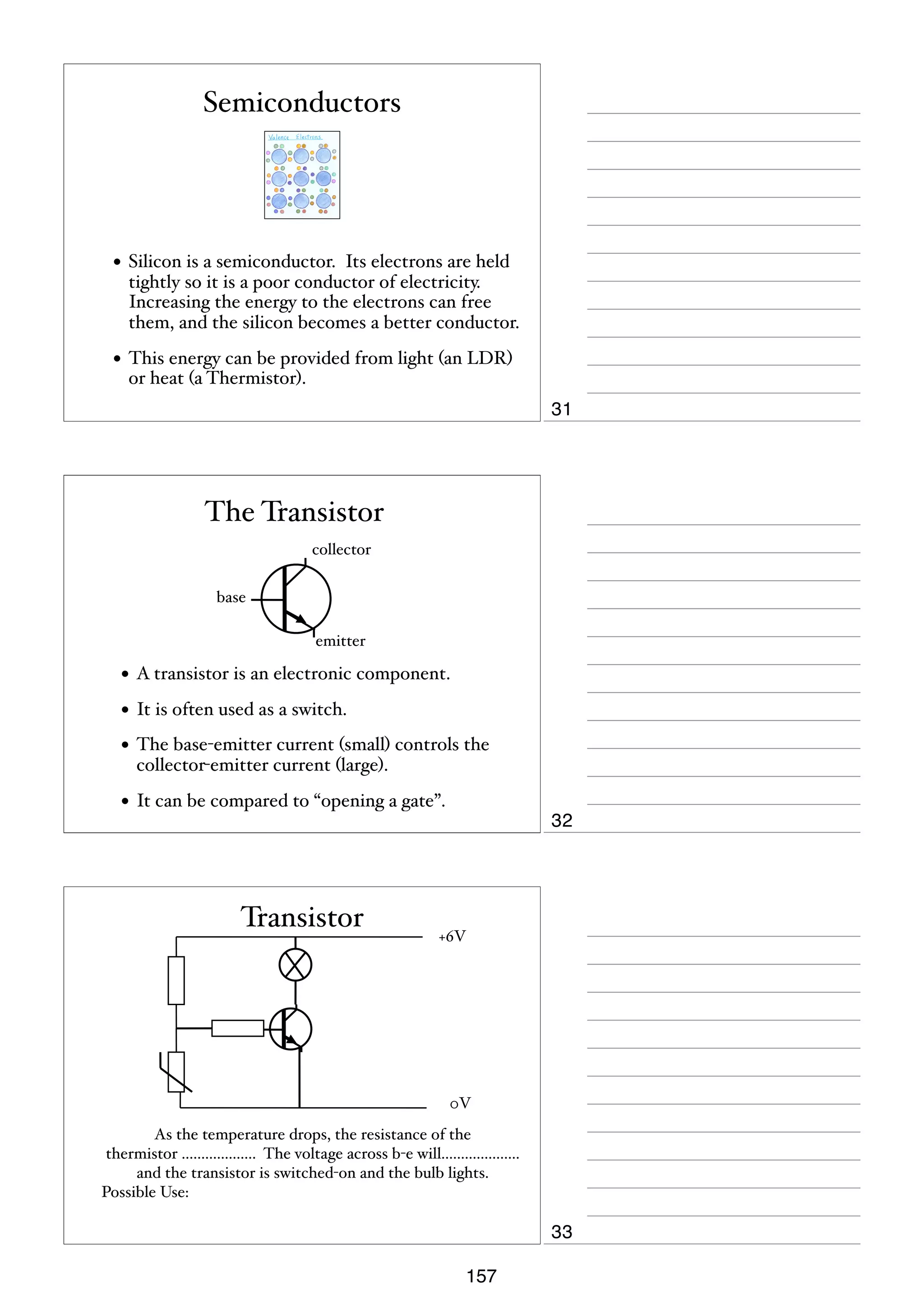 Semiconductors

• Silicon is a semiconductor. Its electrons are held

tightly so it is a poor conductor of electricity.
Increasing the energy to the electrons can free
them, and the silicon becomes a better conductor.

• This energy can be provided from light (an LDR)
or heat (a Thermistor).

31

The Transistor
collector
base
emitter

• A transistor is an electronic component.
• It is often used as a switch.
• The base-emitter current (small) controls the
collector-emitter current (large).

• It can be compared to “opening a gate”.

Transistor

32

+6V

0V
As the temperature drops, the resistance of the
thermistor ................... The voltage across b-e will....................
and the transistor is switched-on and the bulb lights.
Possible Use:

33
157

 
