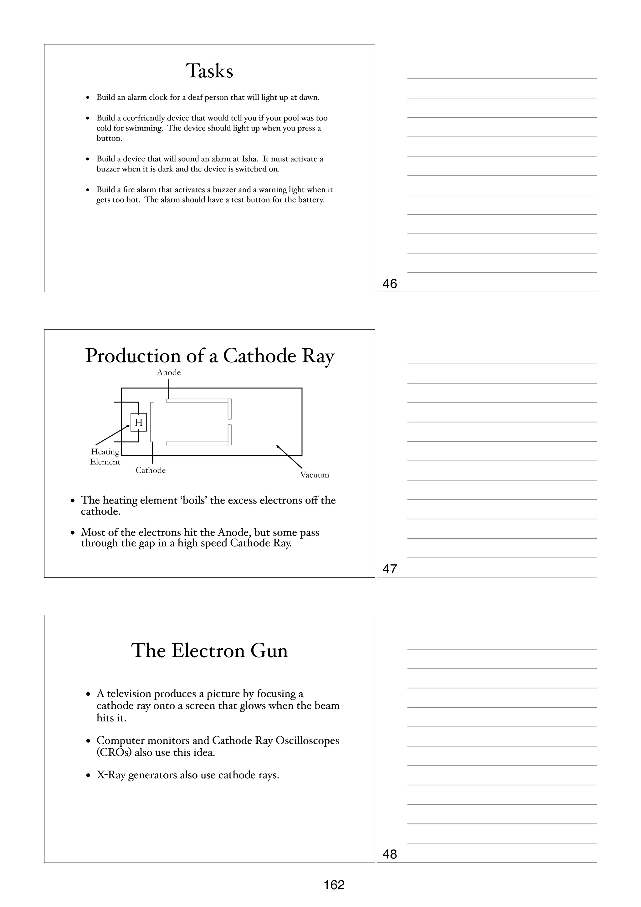 Tasks
•

Build an alarm clock for a deaf person that will light up at dawn.

•

Build a eco-friendly device that would tell you if your pool was too
cold for swimming. The device should light up when you press a
button.

•

Build a device that will sound an alarm at Isha. It must activate a
buzzer when it is dark and the device is switched on.

•

Build a ﬁre alarm that activates a buzzer and a warning light when it
gets too hot. The alarm should have a test button for the battery.

46

Production of a Cathode Ray
Anode

H
Heating
Element

Cathode

Vacuum

•

The heating element ‘boils’ the excess electrons oﬀ the
cathode.

•

Most of the electrons hit the Anode, but some pass
through the gap in a high speed Cathode Ray.

47

The Electron Gun
•

A television produces a picture by focusing a
cathode ray onto a screen that glows when the beam
hits it.

•

Computer monitors and Cathode Ray Oscilloscopes
(CROs) also use this idea.

•

X-Ray generators also use cathode rays.

48
162

 