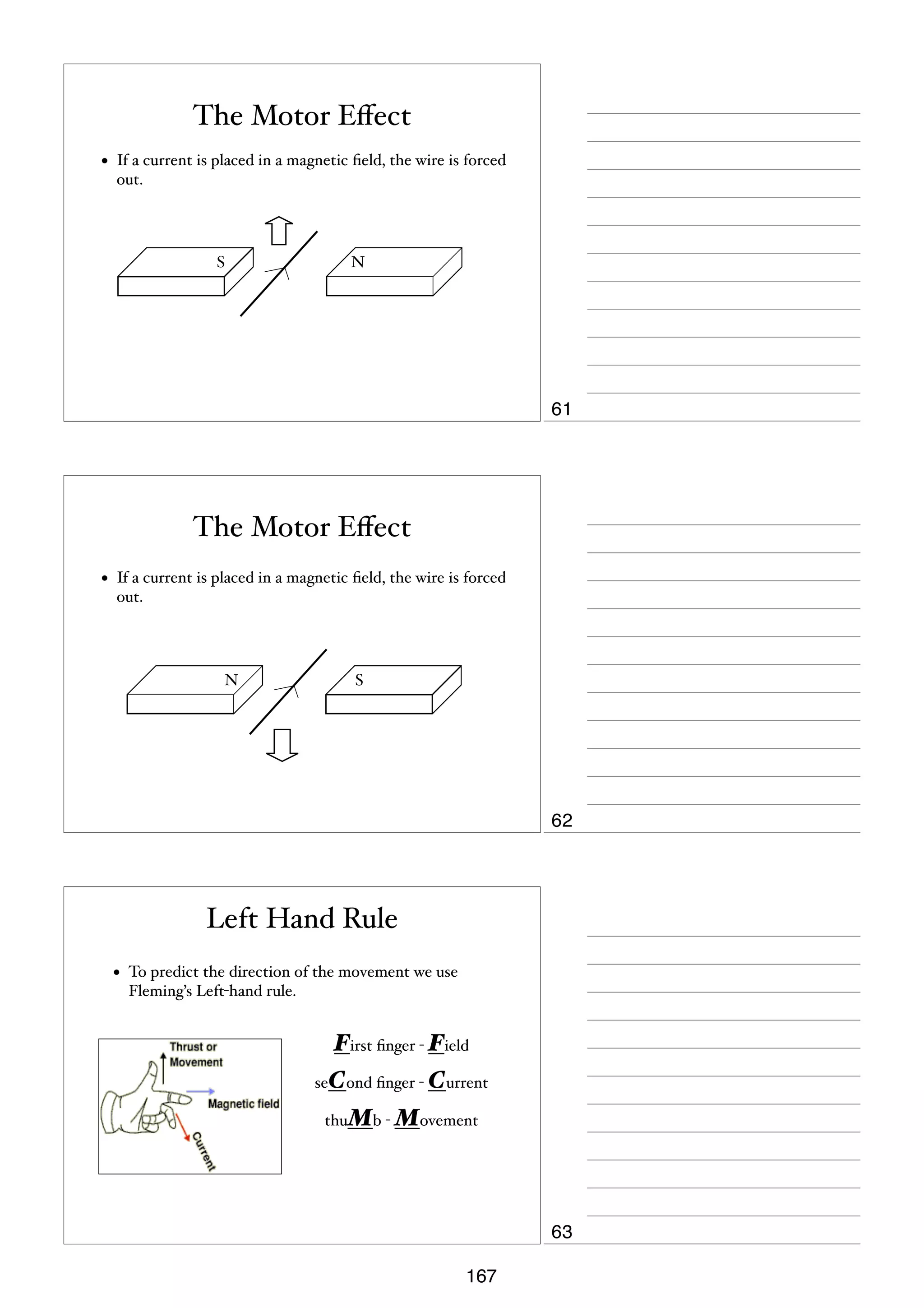 The Motor Eﬀect
•

If a current is placed in a magnetic ﬁeld, the wire is forced
out.

S

N

61

The Motor Eﬀect
•

If a current is placed in a magnetic ﬁeld, the wire is forced
out.

N

S

62

Left Hand Rule
•

To predict the direction of the movement we use
Fleming’s Left-hand rule.

First ﬁnger - Field
seCond ﬁnger - Current
thuMb - Movement

63
167

 