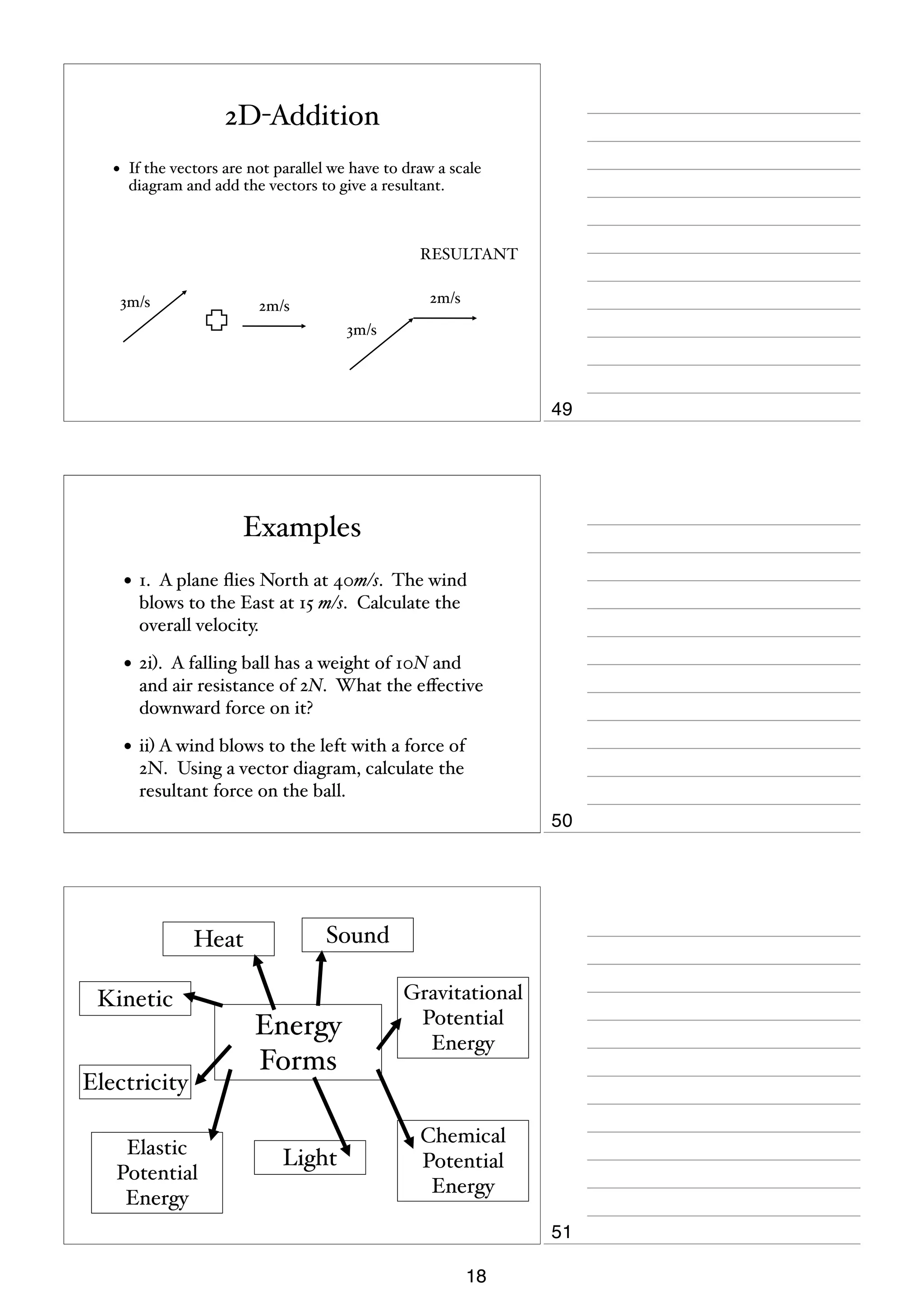 2D-Addition
•

If the vectors are not parallel we have to draw a scale
diagram and add the vectors to give a resultant.

RESULTANT
3m/s

2m/s

2m/s
3m/s

49

Examples
• 1. A plane ﬂies North at 40m/s. The wind
blows to the East at 15 m/s. Calculate the
overall velocity.

• 2i). A falling ball has a weight of 10N and
and air resistance of 2N. What the eﬀective
downward force on it?

• ii) A wind blows to the left with a force of
2N. Using a vector diagram, calculate the
resultant force on the ball.

50

Heat

Sound

Kinetic

Electricity
Elastic
Potential
Energy

Energy
Forms
Light

Gravitational
Potential
Energy

Chemical
Potential
Energy
51
18

 