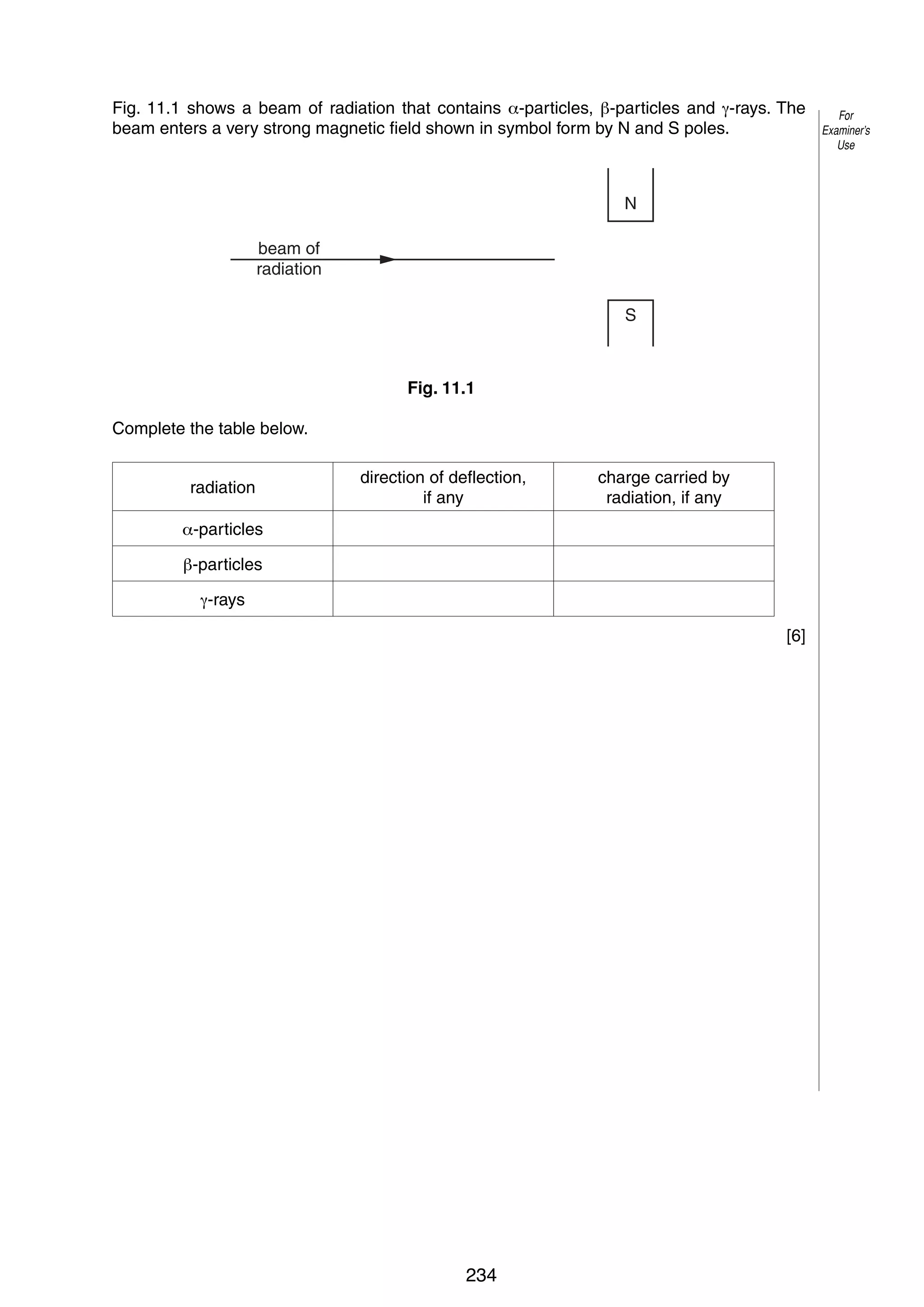 12
11 Fig. 11.1 shows a beam of radiation that contains !-particles, "-particles and #-rays. The
beam enters a very strong magnetic field shown in symbol form by N and S poles.

For
Examiner’s
Use

N
beam of
radiation
S

Fig. 11.1
Complete the table below.
radiation

direction of deflection,
if any

charge carried by
radiation, if any

!-particles
"-particles
#-rays
[6]

Permission to reproduce items where third-party owned material protected by copyright is included has been sought and cleared where possible. Every reasonable
effort has been made by the publisher (UCLES) to trace copyright holders, but if any items requiring clearance have unwittingly been included, the publisher will
be pleased to make amends at the earliest possible opportunity.
University of Cambridge International Examinations is part of the University of Cambridge Local Examinations Syndicate (UCLES), which is itself a department
of the University of Cambridge.

© UCLES 2006

0625/03/M/J/06

234

 
