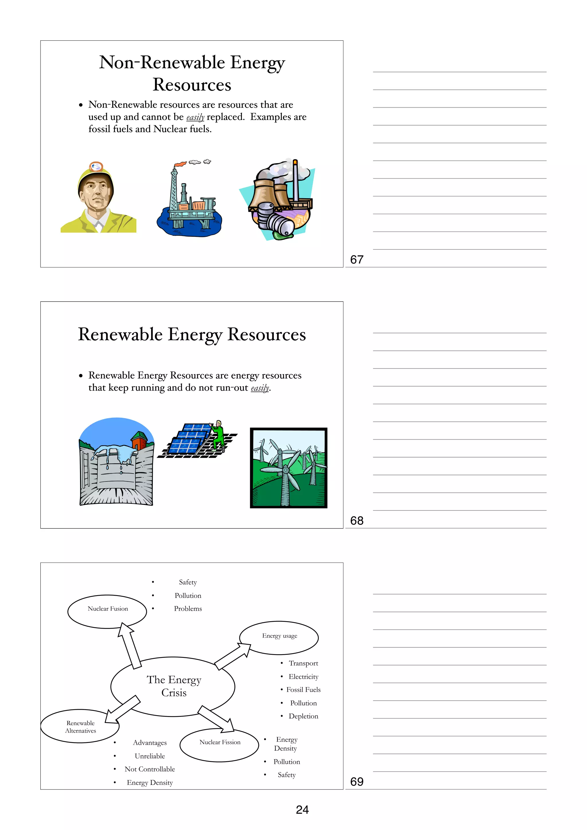 Non-Renewable Energy
Resources
•

Non-Renewable resources are resources that are
used up and cannot be easily replaced. Examples are
fossil fuels and Nuclear fuels.

67

Renewable Energy Resources
•

Renewable Energy Resources are energy resources
that keep running and do not run-out easily.

68

•
Nuclear Fusion

Safety

•

Pollution

•

Problems

Energy usage

• Transport
• Electricity

The Energy
Crisis

• Fossil Fuels
• Pollution
• Depletion

Renewable
Alternatives

•

Advantages

•

Unreliable

•

Not Controllable

•

Energy Density

Nuclear Fission

•

Energy
Density

• Pollution
•

Safety

69
24

 
