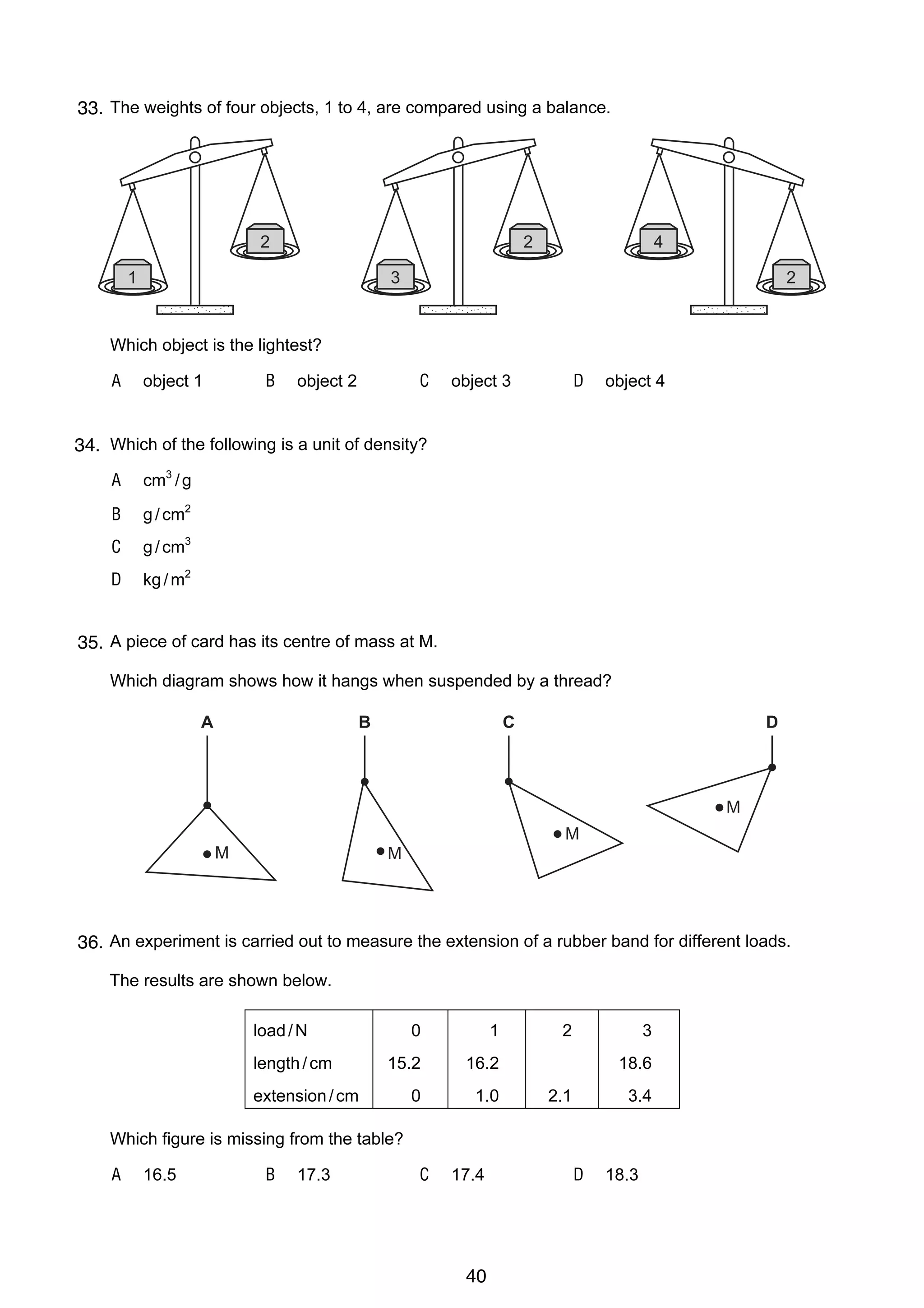 4
6 The weights of four objects, 1 to 4, are compared using a balance.
33.

2

2

1

4
2

3

Which object is the lightest?
A

B

object 1

C

object 2

D

object 3

object 4

7
34. Which of the following is a unit of density?
A

cm3 / g

B

g / cm2

C

g / cm3

D

kg / m2

8 A piece of card has its centre of mass at M.
35.
Which diagram shows how it hangs when suspended by a thread?
A

B

C

D

M
M
M

M

9 An experiment is carried out to measure the extension of a rubber band for different loads.
36.
The results are shown below.
load / N
length / cm

0

1

15.2

16.2

0

1.0

extension / cm

2

3
18.6

2.1

3.4

Which figure is missing from the table?
A

16.5

© UCLES 2004

B

17.3

C

17.4

0625/01/M/J/04

40

D

18.3

 