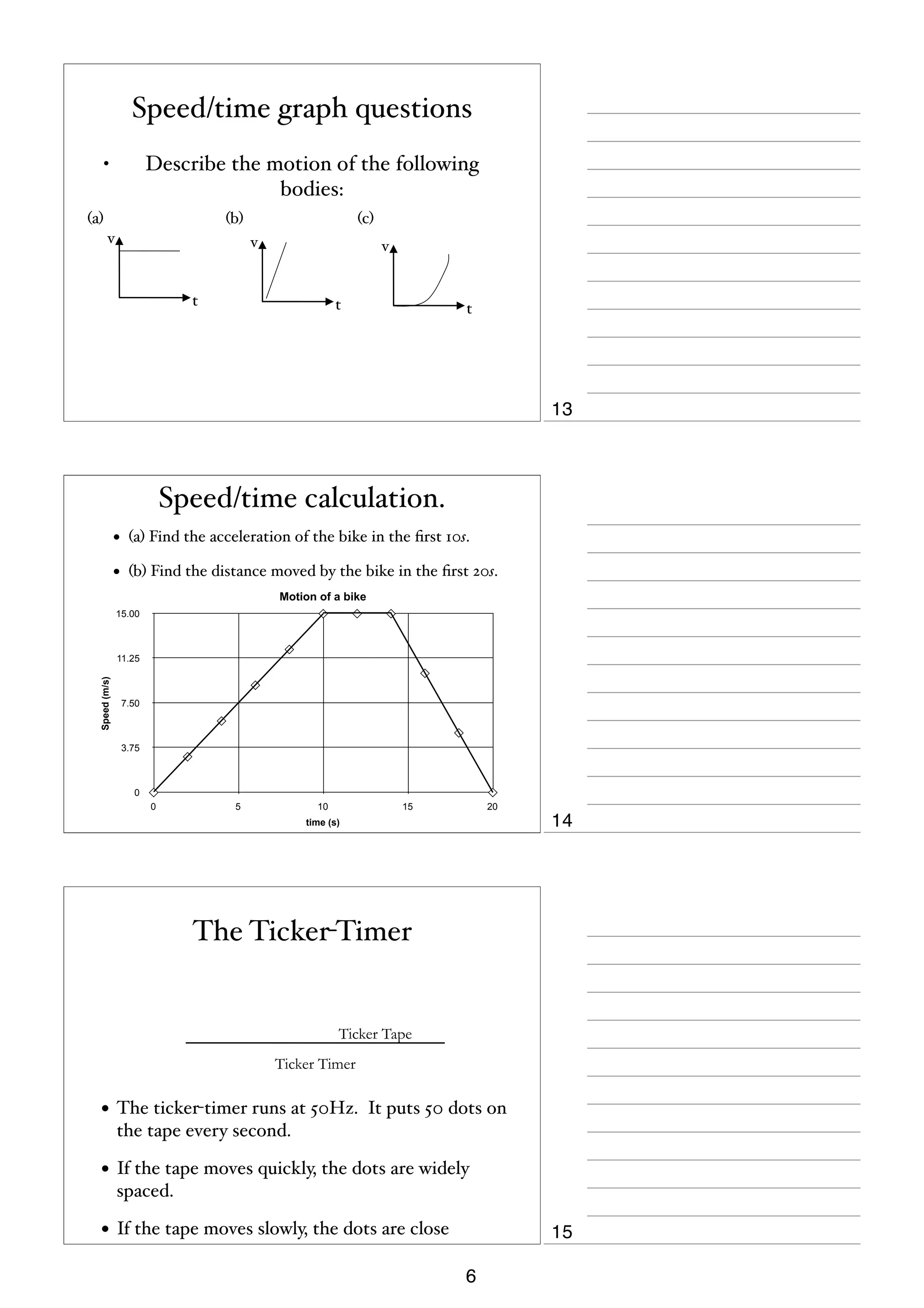 Speed/time graph questions
Describe the motion of the following
bodies:

•
(a)

(b)
v

(c)
v

v

t

t

t

13

Speed/time calculation.
•

(a) Find the acceleration of the bike in the ﬁrst 10s.

•

(b) Find the distance moved by the bike in the ﬁrst 20s.
Motion of a bike

15.00

Speed (m/s)

11.25

7.50

3.75

0
0

5

10

15

20

14

time (s)

The Ticker-Timer

Ticker Tape
Ticker Timer

• The ticker-timer runs at 50Hz. It puts 50 dots on
the tape every second.

• If the tape moves quickly, the dots are widely
spaced.

• If the tape moves slowly, the dots are close

15
6

 