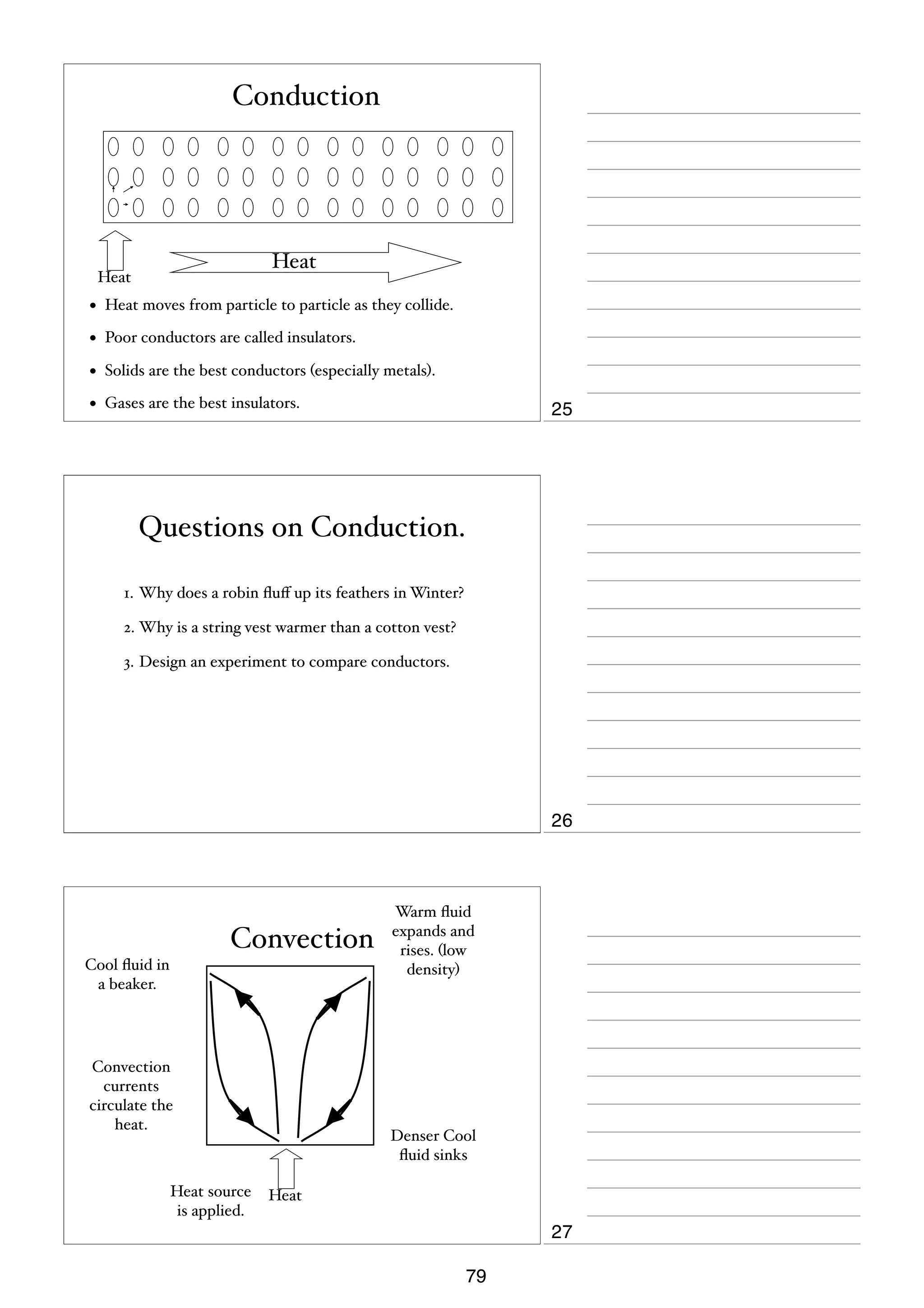 Conduction

Heat

Heat

•

Heat moves from particle to particle as they collide.

•

Poor conductors are called insulators.

•

Solids are the best conductors (especially metals).

•

Gases are the best insulators.

25

Questions on Conduction.
1. Why does a robin ﬂuﬀ up its feathers in Winter?
2. Why is a string vest warmer than a cotton vest?
3. Design an experiment to compare conductors.

26

Convection
Cool ﬂuid in
a beaker.

Convection
currents
circulate the
heat.

Heat source
is applied.

Warm ﬂuid
expands and
rises. (low
density)

Denser Cool
ﬂuid sinks
Heat

27
79

 