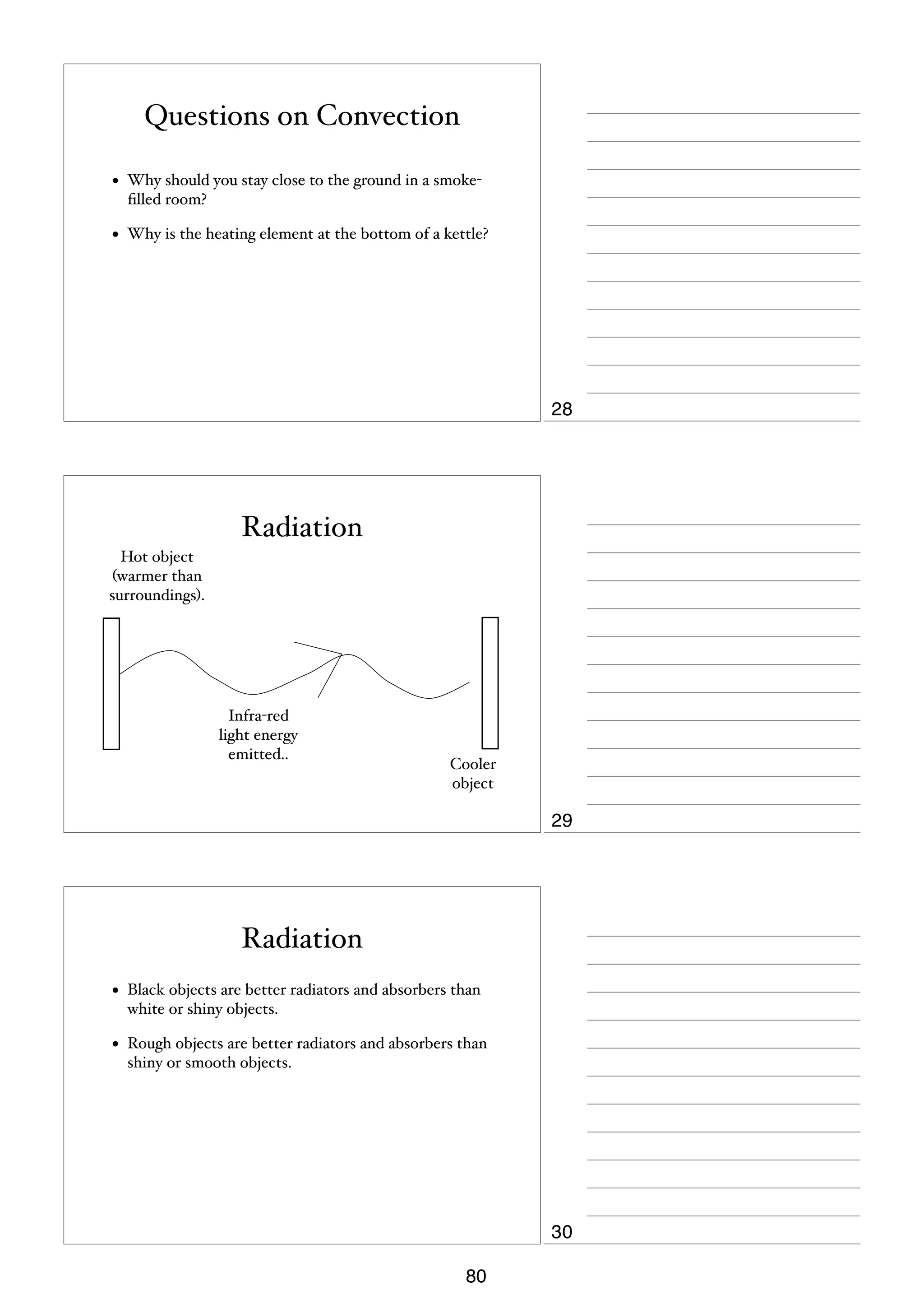 Questions on Convection
•

Why should you stay close to the ground in a smokeﬁlled room?

•

Why is the heating element at the bottom of a kettle?

28

Radiation
Hot object
(warmer than
surroundings).

Infra-red
light energy
emitted..

Cooler
object

29

Radiation
•

Black objects are better radiators and absorbers than
white or shiny objects.

•

Rough objects are better radiators and absorbers than
shiny or smooth objects.

30
80

 