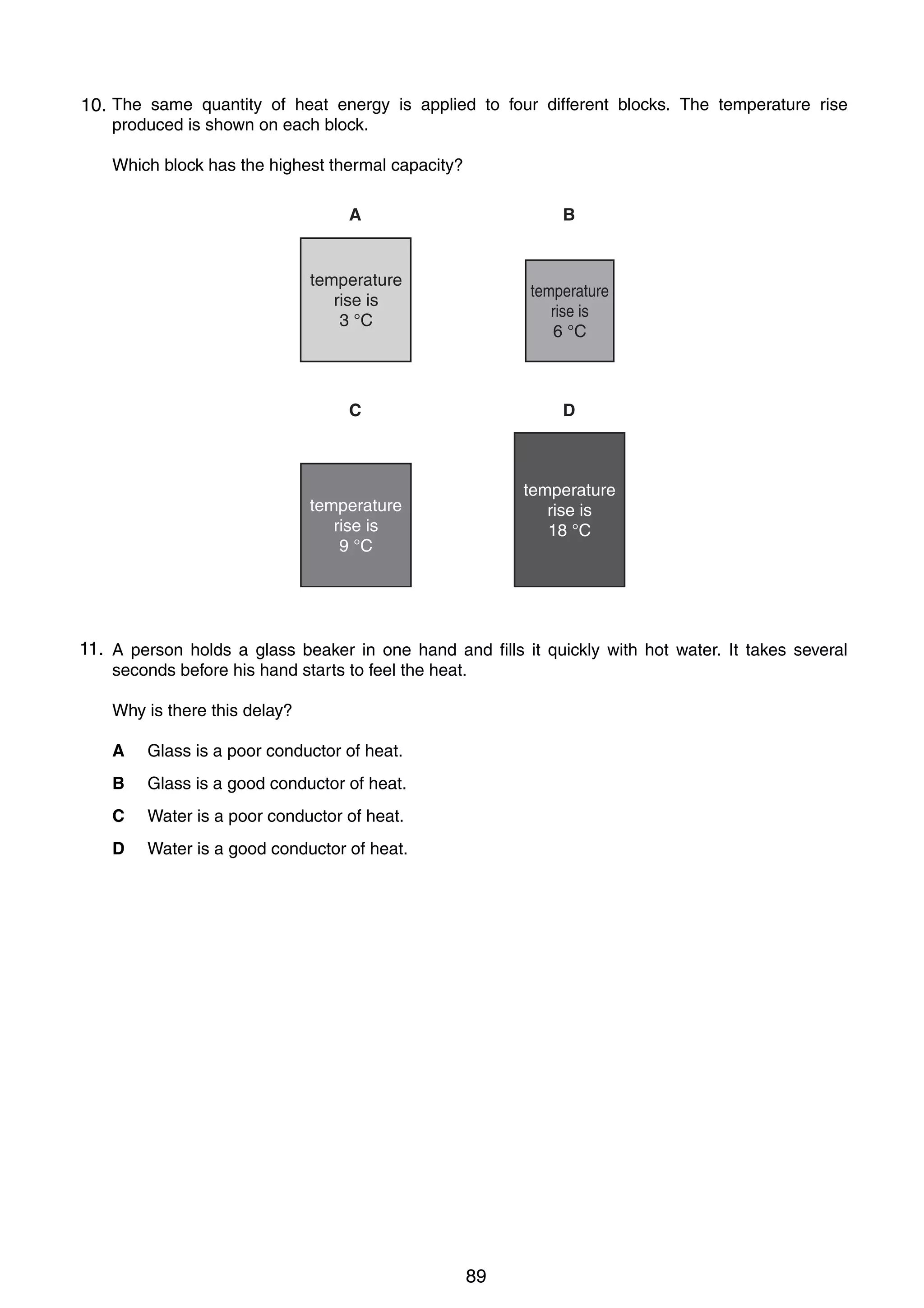 8
17 The same quantity of heat energy is applied to four different blocks. The temperature rise
10.
produced is shown on each block.
Which block has the highest thermal capacity?
A

B

temperature
rise is
3 °C

temperature
rise is
6 °C

C

D

temperature
rise is
18 °C

temperature
rise is
9 °C

11.
18 A person holds a glass beaker in one hand and fills it quickly with hot water. It takes several
seconds before his hand starts to feel the heat.
Why is there this delay?
A

Glass is a poor conductor of heat.

B

Glass is a good conductor of heat.

C

Water is a poor conductor of heat.

D

Water is a good conductor of heat.

0625/01/M/J/03

89

 