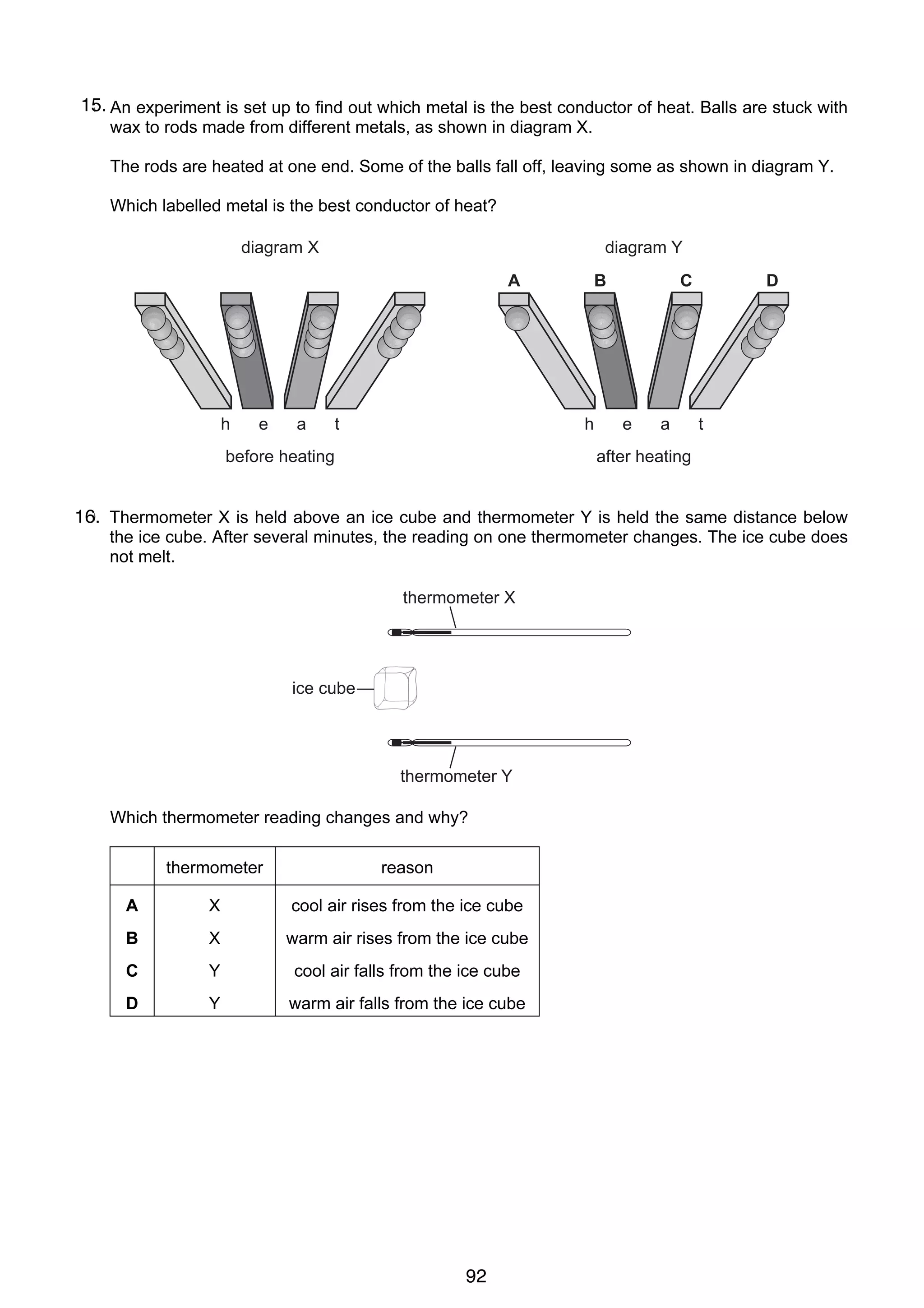 9

15.
18 An experiment is set up to find out which metal is the best conductor of heat. Balls are stuck with
wax to rods made from different metals, as shown in diagram X.
The rods are heated at one end. Some of the balls fall off, leaving some as shown in diagram Y.
Which labelled metal is the best conductor of heat?
diagram X

diagram Y
A

h

e

a

t

B

h

before heating

C

e

a

D

t

after heating

16. Thermometer X is held above an ice cube and thermometer Y is held the same distance below
19
the ice cube. After several minutes, the reading on one thermometer changes. The ice cube does
not melt.
thermometer X

ice cube

thermometer Y

Which thermometer reading changes and why?
thermometer

reason

A

X

cool air rises from the ice cube

B

X

warm air rises from the ice cube

C

Y

cool air falls from the ice cube

D

Y

warm air falls from the ice cube

UCLES 2004

0625/01/M/J/04

92

[Turn over

 