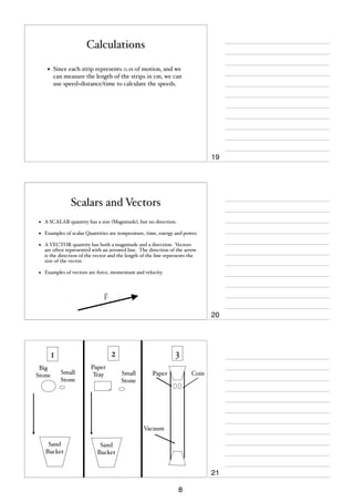 Calculations
•

Since each strip represents 0.1s of motion, and we
can measure the length of the strips in cm, we can
use speed=distance/time to calculate the speeds.

19

Scalars and Vectors
•

A SCALAR quantity has a size (Magnitude), but no direction.

•

Examples of scalar Quantities are temperature, time, energy and power.

•

A VECTOR quantity has both a magnitude and a direction. Vectors
are often represented with an arrowed line. The direction of the arrow
is the direction of the vector and the length of the line represents the
size of the vector.

•

Examples of vectors are force, momentum and velocity.

F

20

2

1
Big
Stone

Small
Stone

Paper
Tray

3
Small
Stone

Paper

Coin

Vacuum
Sand
Bucket

Sand
Bucket

21
8

 