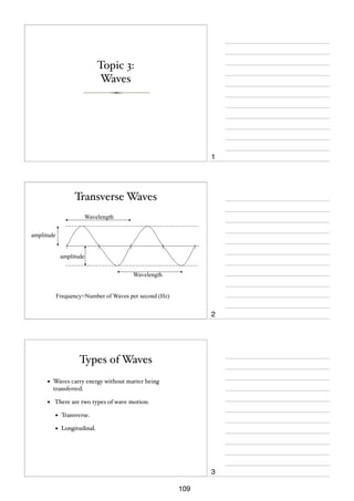 Topic 3:
Waves

1

Transverse Waves
Wavelength
amplitude
amplitude
Wavelength
Frequency=Number of Waves per second (Hz)

2

Types of Waves
•

Waves carry energy without matter being
transferred.

•

There are two types of wave motion:

•

Transverse.

•

Longitudinal.

3
109

 