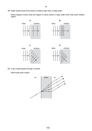 9

24.
21 Water waves travel more slowly in shallow water than in deep water.
Which diagram shows what will happen to plane waves in deep water when they enter shallow
water?

A
deep

B
shallow

deep

D

C
deep

shallow

deep

shallow

shallow

22 A ray of light passes through a window.
25.
Which path does it take?
air

glass

air

A
B
C
D

© UCLES 2006

0625/01/M/J/06

133

[Turn over

 