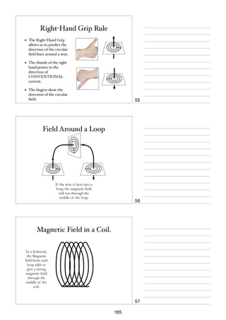 Right-Hand Grip Rule
•

The Right-Hand Grip
allows us to predict the
direction of the circular
ﬁeld lines around a wire.

•

The thumb of the right
hand points in the
direction of
CONVENTIONAL
current.

•

The ﬁngers show the
direction of the circular
ﬁeld.

55

Field Around a Loop

If the wire is bent into a
loop, the magnetic field
will run through the
middle of the loop.

56

Magnetic Field in a Coil.
In a Solenoid,
the Magnetic
field from each
loop adds to
give a strong
magnetic field
through the
middle of the
coil.

57
165

 