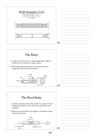 Field magnetic field around a
Around a Coil
The
solenoid is similar to that of
a bar magnet.

58

The Relay
•

A relay is a device that uses electromagnetism to allow a
small current to switch-on a large current.

•

When the small current ﬂows, the solenoid becomes
magnetised and a switch is activated.

iron

small
current

large
current
starter
motor

spring

59

The Reed Relay
•

Another variation on the relay involves two strips of metal
(reeds) placed side by side. One is iron, and one is nonmagnetic.

•

When the current ﬂows, the magnetic reed makes contact
with the non-metal.
small
current
large
current
non-magnetic
reed

magnetic reed

60
166

 