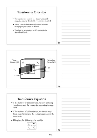 Transformer Overview
•

The transformer consists of a ring of laminated
magnetic material (Iron) with two circuits attached.

•

An AC current in the Primary Circuit induces a
changing magnetic ﬁeld in the iron.

•

This ﬁeld in turn induces an AC current in the
Secondary Circuit.

70

Primary
Circuit (AC)

NP

NS

Secondary
Circuit (AC)
VS

VP

71

Transformer Equation
• If the number of coils increase, we have a step-up
transformer and the voltage increases in the same
ratio.

• If the number of coils decrease, we have a stepdown transformer and the voltage decreases in the
same ratio.

• This gives the following relationship:
VS N S
=
VP N P

72
170

 