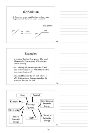 2D-Addition
•

If the vectors are not parallel we have to draw a scale
diagram and add the vectors to give a resultant.

RESULTANT
3m/s

2m/s

2m/s
3m/s

49

Examples
• 1. A plane ﬂies North at 40m/s. The wind
blows to the East at 15 m/s. Calculate the
overall velocity.

• 2i). A falling ball has a weight of 10N and
and air resistance of 2N. What the eﬀective
downward force on it?

• ii) A wind blows to the left with a force of
2N. Using a vector diagram, calculate the
resultant force on the ball.

50

Heat

Sound

Kinetic

Electricity
Elastic
Potential
Energy

Energy
Forms
Light

Gravitational
Potential
Energy

Chemical
Potential
Energy
51
18

 