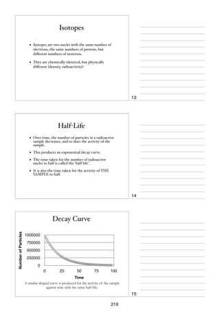 Isotopes
•

Isotopes are two nuclei with the same number of
electrons, the same numbers of protons, but
diﬀerent numbers of neutrons.

•

They are chemically identical, but physically
diﬀerent (density, radioactivity).

13

Half-Life
•

Over time, the number of particles in a radioactive
sample decreases, and so does the activity of the
sample.

•

This produces an exponential decay curve.

•

The time taken for the number of radioactive
nuclei to half is called the ‘half-life’.

•

It is also the time taken for the activity of THE
SAMPLE to half.

14

Number of Particles

Decay Curve
1000000
750000
500000
250000
0
0

25

50

75

100

Time
A similar shaped curve is produced for the activity of the sample
against time with the same half-life.

15
219

 