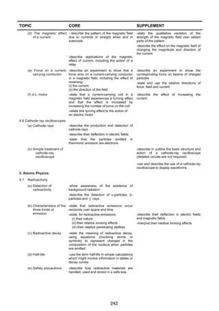 PHYSICS 0625 IGCSE 2007

TOPIC

CORE

SUPPLEMENT

(d) The magnetic effect - describe the pattern of the magnetic field
of a current
due to currents in straight wires and in
solenoids

-state the qualitative variation of the
strength of the magnetic field over salient
parts of the pattern
-describe the effect on the magnetic field of
changing the magnitude and direction of
the current

-describe applications of the magnetic
effect of current, including the action of a
relay
(e) Force on a current- -describe an experiment to show that a
carrying conductor
force acts on a current-carrying conductor
in a magnetic field, including the effect of
reversing:
(i) the current
(ii) the direction of the field
(f) d.c. motor
-state that a current-carrying coil in a
magnetic field experiences a turning effect
and that the effect is increased by
increasing the number of turns on the coil
-relate this turning effect to the action of
an electric motor

-describe an experiment to show the
corresponding force on beams of charged
particles
-state and use the relative directions of
force, field and current
-describe the effect of increasing the
current

4.6 Cathode ray oscilloscopes
-describe the production and detection of
(a) Cathode rays
cathode rays
-describe their deflection in electric fields
-state that the particles emitted in
thermionic emission are electrons
(b) Simple treatment of
cathode-ray
oscilloscope

-describe in outline the basic structure and
action of a cathode-ray oscilloscope
(detailed circuits are not required)
-use and describe the use of a cathode-ray
oscilloscope to display waveforms

5. Atomic Physics
5.1

Radioactivity
(a) Detection of
radioactivity

-show awareness of the existence of
background radiation
-describe the detection of α-particles, βparticles and γ -rays

(b) Characteristics of the -state that radioactive emissions occur
three kinds of
randomly over space and time
emission
-state, for radioactive emissions:
(i) their nature
(ii) their relative ionising effects
(iii) their relative penetrating abilities
(c) Radioactive decay

-state the meaning of radioactive decay,
using equations (involving words or
symbols) to represent changes in the
composition of the nucleus when particles
are emitted

(d) Half-life

-use the term half-life in simple calculations
which might involve information in tables or
decay curves

(e) Safety precautions

-describe how radioactive materials are
handled, used and stored in a safe way

242
12

-describe their deflection in electric fields
and magnetic fields
-interpret their relative ionising effects

 