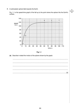 2

9. A solid plastic sphere falls towards the Earth.
1
Fig. 1.1 is the speed-time graph of the fall up to the point where the sphere hits the Earth’s
surface.
140
speed
m/s

R

120

S

T

100
80
60
Q

40
20
0

P
0

10

20

30

40

50

60

70 80
time / s

90

100 110

Fig. 1.1
(a) Describe in detail the motion of the sphere shown by the graph.
..........................................................................................................................................
..........................................................................................................................................
..........................................................................................................................................
..........................................................................................................................................
..................................................................................................................................... [3]

© UCLES 2005

0625/03/M/J/05

64

For
Examiner’s
Use

 