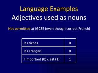 Not permitted  at IGCSE (even though correct French) Language Examples Adjectives used as nouns 1 l’important (0) c’est (1) 0 les Français 0 les riches 