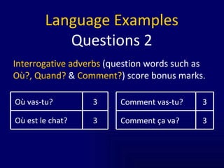 Language Examples Questions 2 Interrogative adverbs  (question words such as  Où?, Quand?  &  Comment? ) score bonus marks. 3 Où est le chat? 3 Où vas-tu? 3 Comment vas-tu? 3 Comment ça va? 
