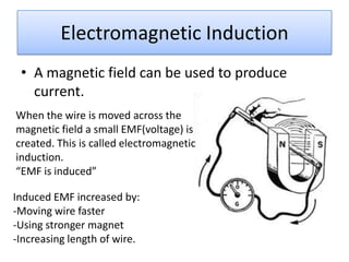 Electromagnetic Induction
 • A magnetic field can be used to produce
   current.
When the wire is moved across the
magnetic field a small EMF(voltage) is
created. This is called electromagnetic
induction.
“EMF is induced”

Induced EMF increased by:
-Moving wire faster
-Using stronger magnet
-Increasing length of wire.
 