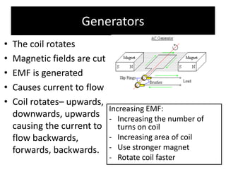Generators
•   The coil rotates
•   Magnetic fields are cut
•   EMF is generated
•   Causes current to flow
•   Coil rotates– upwards,
                              Increasing EMF:
    downwards, upwards        - Increasing the number of
    causing the current to       turns on coil
    flow backwards,           - Increasing area of coil
    forwards, backwards.      - Use stronger magnet
                              - Rotate coil faster
 