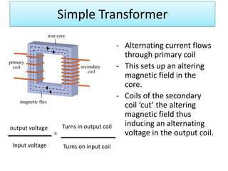 Simple Transformer

                                            - Alternating current flows
                                              through primary coil
                                            - This sets up an altering
                                              magnetic field in the
                                              core.
                                            - Coils of the secondary
                                              coil ‘cut’ the altering
                                              magnetic field thus
output voltage       Turns in output coil     inducing an alternating
                 =                            voltage in the output coil.
 Input voltage       Turns on input coil
 