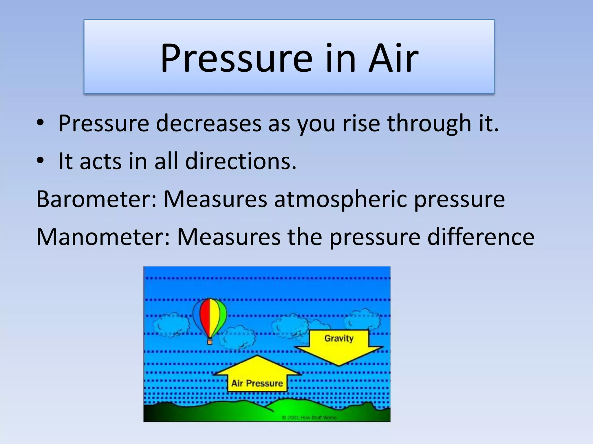 Pressure in LiquidsIts in all directionsIt increases with depthIt depends on the density of the liquidIt doesn’t depend on the shape of the container.xxGravity=Density=Pressurepressure xHeightgxhÞ(rho)