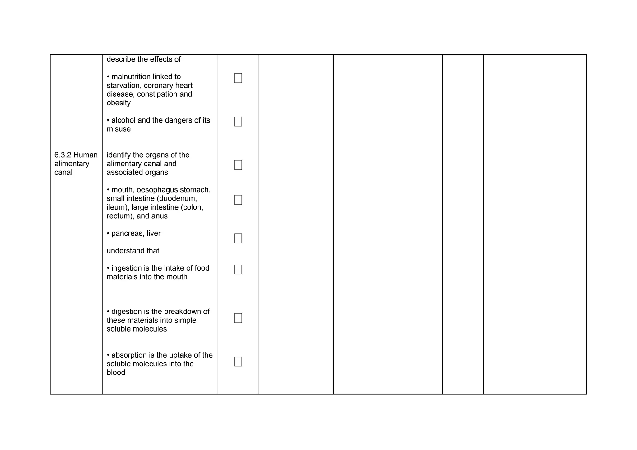 describe the effects of

              • malnutrition linked to
              starvation, coronary heart
                                                  ‫ٱ‬
              disease, constipation and
              obesity

              • alcohol and the dangers of its
              misuse
                                                  ‫ٱ‬

6.3.2 Human   identify the organs of the
alimentary
canal
              alimentary canal and
              associated organs
                                                  ‫ٱ‬
              • mouth, oesophagus stomach,
              small intestine (duodenum,
              ileum), large intestine (colon,
                                                  ‫ٱ‬
              rectum), and anus

              • pancreas, liver
                                                  ‫ٱ‬
              understand that

              • ingestion is the intake of food
              materials into the mouth
                                                  ‫ٱ‬

              • digestion is the breakdown of
              these materials into simple         ‫ٱ‬
              soluble molecules


              • absorption is the uptake of the
              soluble molecules into the          ‫ٱ‬
              blood
 