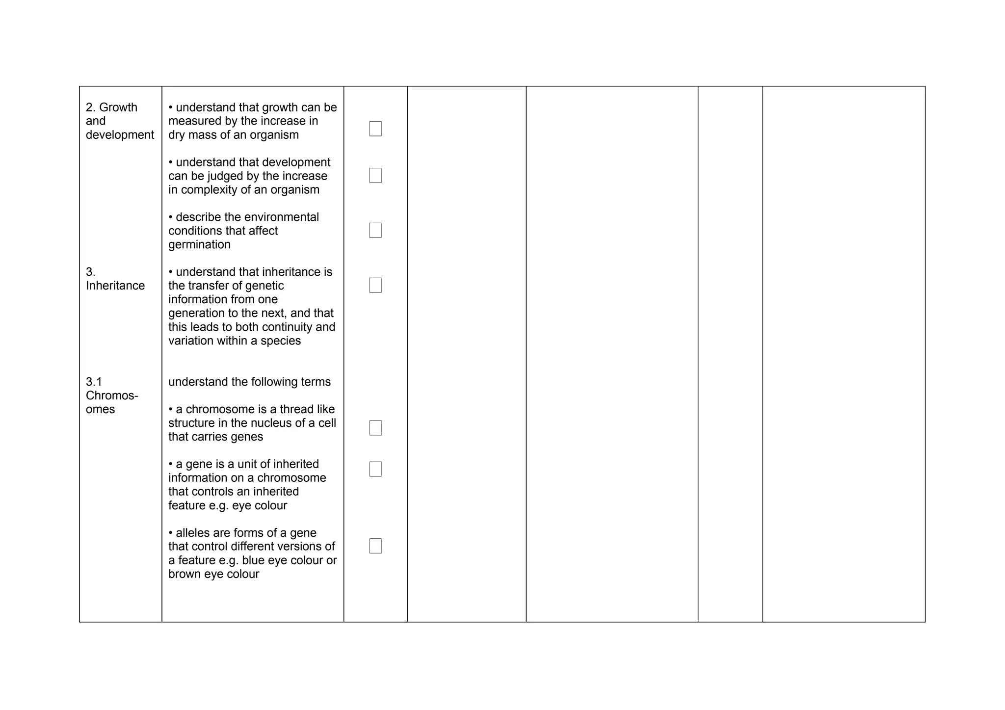 2. Growth     • understand that growth can be
and
development
              measured by the increase in
              dry mass of an organism              ‫ٱ‬
              • understand that development
              can be judged by the increase
              in complexity of an organism
                                                   ‫ٱ‬
              • describe the environmental
              conditions that affect
              germination
                                                   ‫ٱ‬
3.            • understand that inheritance is
Inheritance   the transfer of genetic
              information from one
                                                   ‫ٱ‬
              generation to the next, and that
              this leads to both continuity and
              variation within a species


3.1           understand the following terms
Chromos-
omes          • a chromosome is a thread like
              structure in the nucleus of a cell
              that carries genes                   ‫ٱ‬
              • a gene is a unit of inherited
              information on a chromosome          ‫ٱ‬
              that controls an inherited
              feature e.g. eye colour

              • alleles are forms of a gene
              that control different versions of
              a feature e.g. blue eye colour or
                                                   ‫ٱ‬
              brown eye colour
 