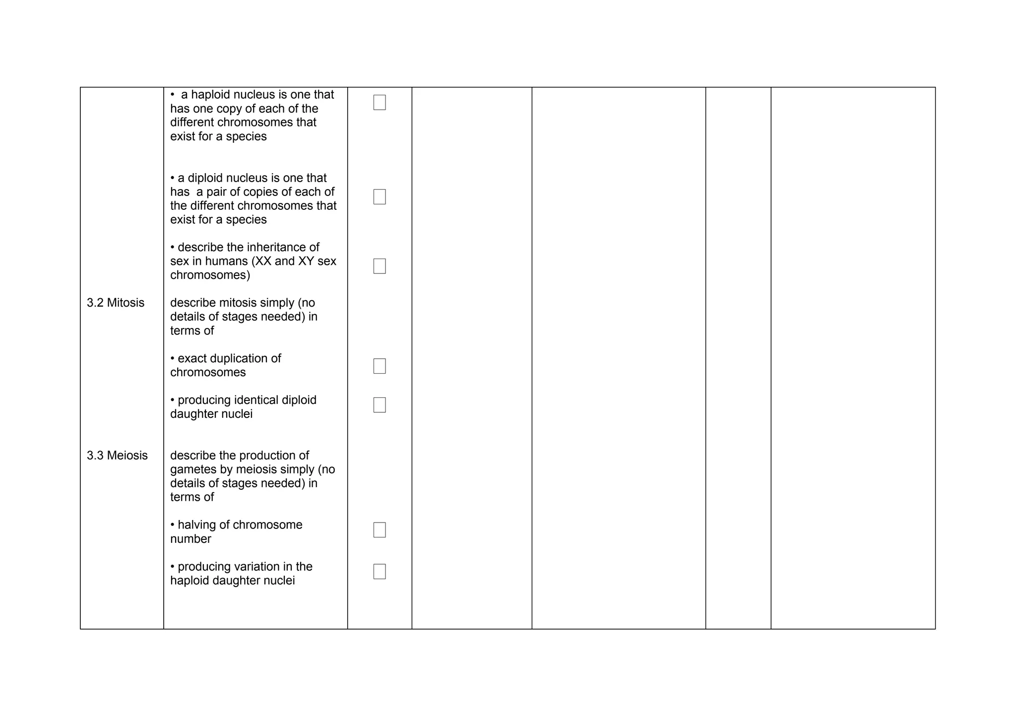 • a haploid nucleus is one that
              has one copy of each of the       ‫ٱ‬
              different chromosomes that
              exist for a species


              • a diploid nucleus is one that
              has a pair of copies of each of
              the different chromosomes that    ‫ٱ‬
              exist for a species

              • describe the inheritance of
              sex in humans (XX and XY sex
              chromosomes)                      ‫ٱ‬
3.2 Mitosis   describe mitosis simply (no
              details of stages needed) in
              terms of

              • exact duplication of
              chromosomes                       ‫ٱ‬
              • producing identical diploid
              daughter nuclei                   ‫ٱ‬
3.3 Meiosis   describe the production of
              gametes by meiosis simply (no
              details of stages needed) in
              terms of

              • halving of chromosome
              number                            ‫ٱ‬
              • producing variation in the
              haploid daughter nuclei           ‫ٱ‬
 
