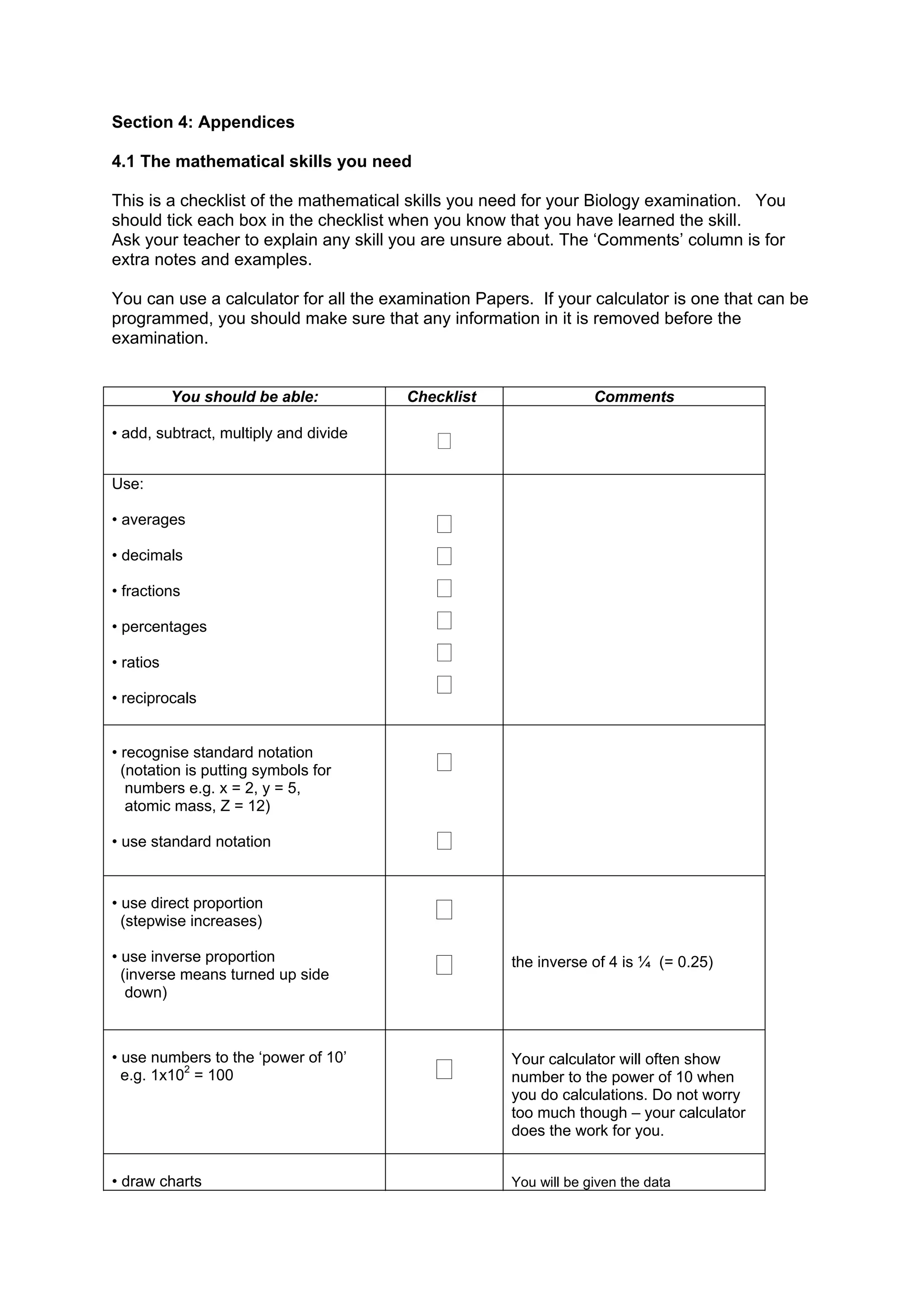 Section 4: Appendices

4.1 The mathematical skills you need

This is a checklist of the mathematical skills you need for your Biology examination. You
should tick each box in the checklist when you know that you have learned the skill.
Ask your teacher to explain any skill you are unsure about. The ‘Comments’ column is for
extra notes and examples.

You can use a calculator for all the examination Papers. If your calculator is one that can be
programmed, you should make sure that any information in it is removed before the
examination.


           You should be able:         Checklist                  Comments

• add, subtract, multiply and divide
                                           ‫ٱ‬
Use:

• averages
                                           ‫ٱ‬
• decimals                                 ‫ٱ‬
• fractions                                ‫ٱ‬
• percentages                              ‫ٱ‬
• ratios                                   ‫ٱ‬
• reciprocals
                                           ‫ٱ‬

• recognise standard notation
  (notation is putting symbols for         ‫ٱ‬
   numbers e.g. x = 2, y = 5,
   atomic mass, Z = 12)

• use standard notation                    ‫ٱ‬

• use direct proportion
  (stepwise increases)                     ‫ٱ‬
• use inverse proportion
  (inverse means turned up side            ‫ٱ‬         the inverse of 4 is ¼ (= 0.25)
   down)




                                           ‫ٱ‬
• use numbers to the ‘power of 10’                   Your calculator will often show
  e.g. 1x102 = 100                                   number to the power of 10 when
                                                     you do calculations. Do not worry
                                                     too much though – your calculator
                                                     does the work for you.


• draw charts                                        You will be given the data
 