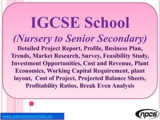 www.entrepreneurindia.co
IGCSE School
(Nursery to Senior Secondary)
Detailed Project Report, Profile, Business Plan,
Trends, Market Research, Survey, Feasibility Study,
Investment Opportunities, Cost and Revenue, Plant
Economics, Working Capital Requirement, plant
layout, Cost of Project, Projected Balance Sheets,
Profitability Ratios, Break Even Analysis
 