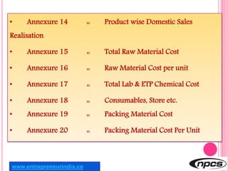 • Annexure 14 :: Product wise Domestic Sales
Realisation
• Annexure 15 :: Total Raw Material Cost
• Annexure 16 :: Raw Mat...