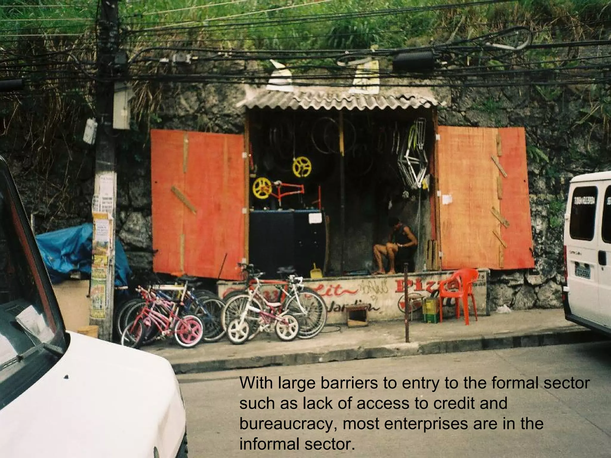With large barriers to entry to the formal sector such as lack of access to credit and bureaucracy, most enterprises are in the informal sector. 