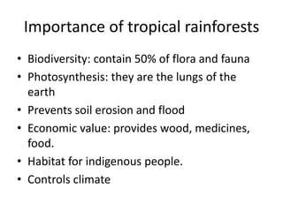 Importance of tropical rainforests
• Biodiversity: contain 50% of flora and fauna
• Photosynthesis: they are the lungs of the
earth
• Prevents soil erosion and flood
• Economic value: provides wood, medicines,
food.
• Habitat for indigenous people.
• Controls climate
 