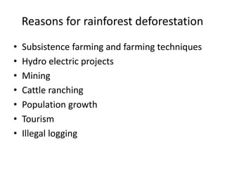 Reasons for rainforest deforestation
• Subsistence farming and farming techniques
• Hydro electric projects
• Mining
• Cattle ranching
• Population growth
• Tourism
• Illegal logging
 