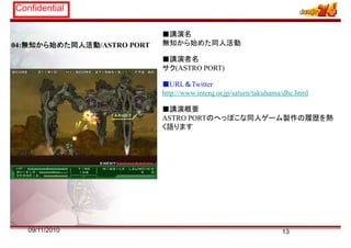 Confidential
04:無知から始めた同人活動/ASTRO PORT
■講演名
無知から始めた同人活動
■講演者名
サク(ASTRO PORT)
■URL＆T itt■URL＆Twitter
http://www.interq.or.jp/saturn/takuhama/dhc.html
■講演概要■講演概要
ASTRO PORTのへっぽこな同人ゲーム製作の履歴を熱
く語ります
1309/11/2010
 