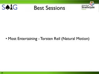 Best Sessions




     • Most Entertaining - Torsten Reil (Natural Motion)
     • Most Interesting - Dan Kline (EA)




20
 