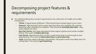 Decomposing project features &
requirements
■ You will be breaking down project requirements into a hierarchy of smaller and smaller
components.
– Theme: A logical group of features.These should map to project goals in your vision.
– Features: High level parts of your game that describe a new capability the customer
were have when the feature is complete.These should be minimally described – they
will be refined over time.
– Epic User Stories:Very large requirements that support a feature and contain multiple
actions.This is part of release planning.
– User Stories: Requirements that contain a single action that is small enough to start
implementing.This is part of release planning and sprint planning.
– Tasks: Execution steps to develop a requirement.The product owner most likely won’t be
writing these.This is part of sprint planning.
 