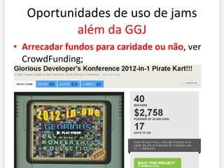 Oportunidades de uso de jams  além da GGJ Arrecadar fundos para caridade ou não , ver CrowdFunding; 