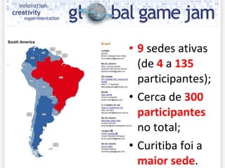 9  sedes ativas (de  4   a  135  participantes); Cerca de  300 participantes  no total; Curitiba foi a  maior sede . 