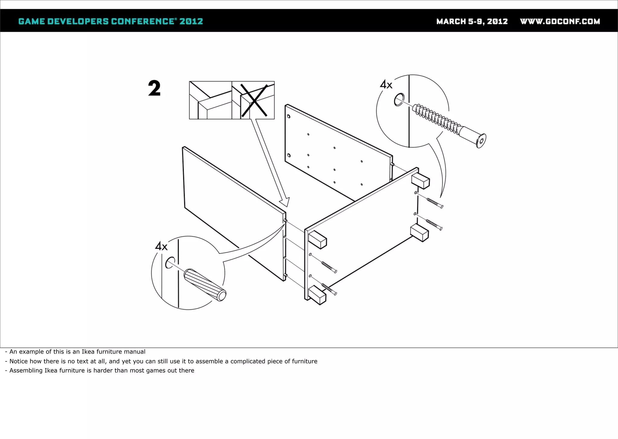 - An example of this is an Ikea furniture manual
- Notice how there is no text at all, and yet you can still use it to assemble a complicated piece of furniture
- Assembling Ikea furniture is harder than most games out there
 