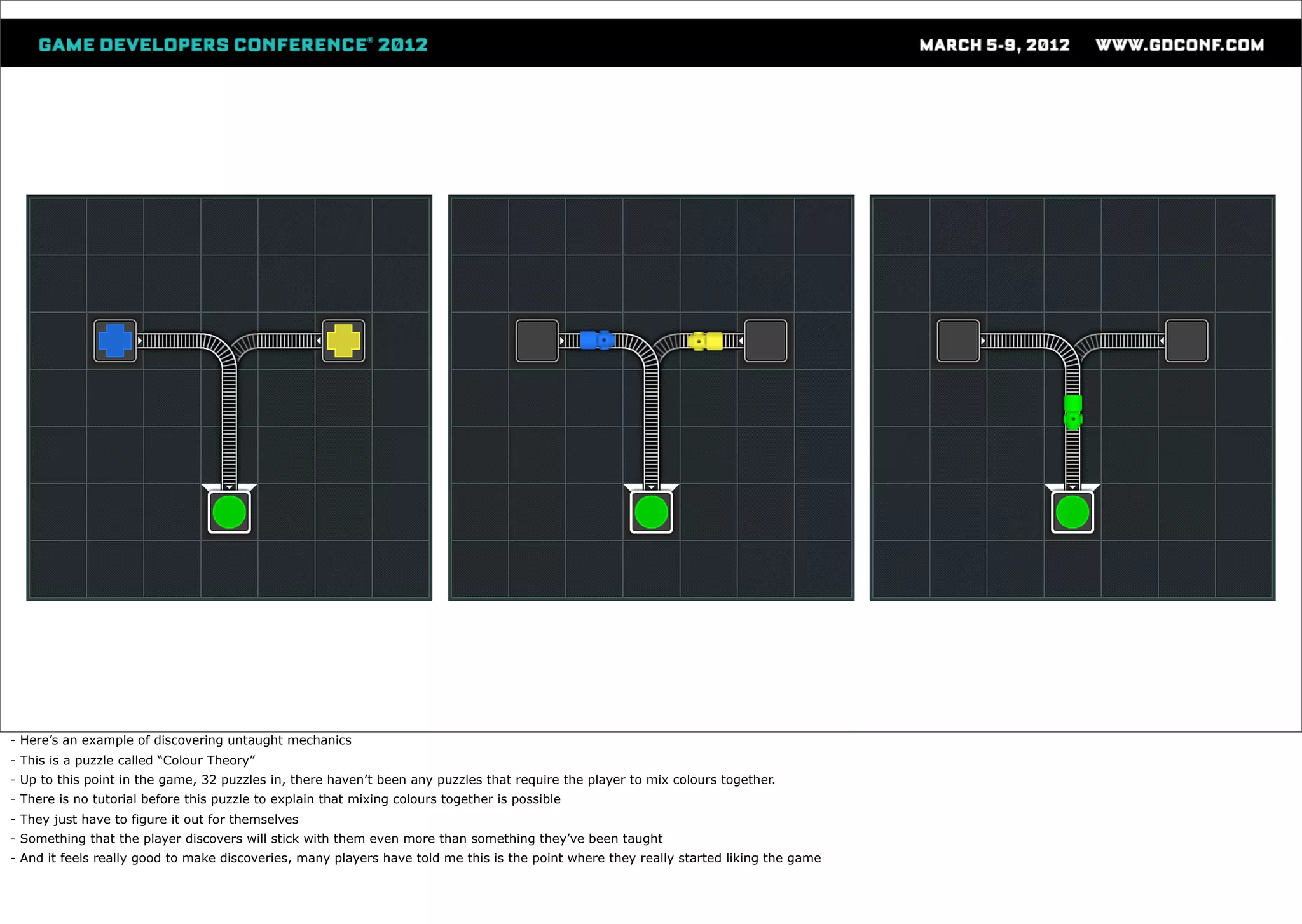 - Here’s an example of discovering untaught mechanics
- This is a puzzle called “Colour Theory”
- Up to this point in the game, 32 puzzles in, there haven’t been any puzzles that require the player to mix colours together.
- There is no tutorial before this puzzle to explain that mixing colours together is possible
- They just have to figure it out for themselves
- Something that the player discovers will stick with them even more than something they’ve been taught
- And it feels really good to make discoveries, many players have told me this is the point where they really started liking the game
 