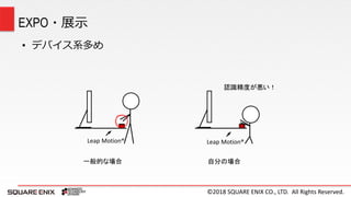 ©2018 SQUARE ENIX CO., LTD. All Rights Reserved.
EXPO・展示
• デバイス系多め
Leap Motion®
一般的な場合
認識精度が悪い！
Leap Motion®
自分の場合
 